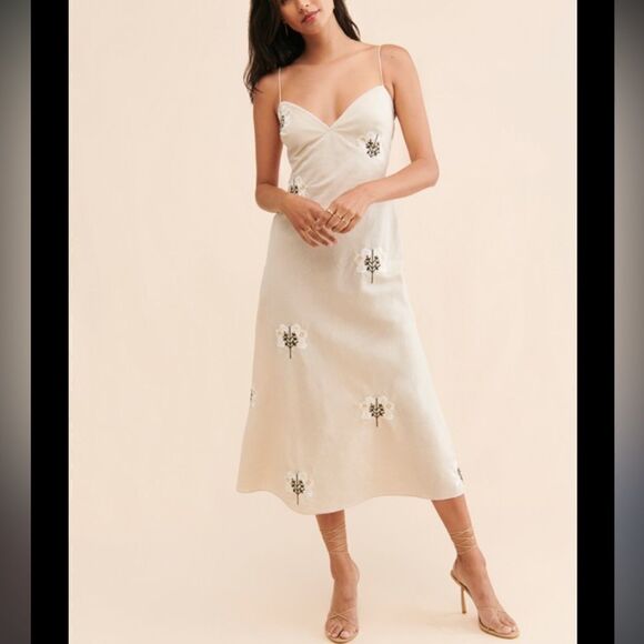 Sachin + Babi Cara Oatmeal Heather Embroidered Linen Blend MIDI Dress - Picture 1 of 16